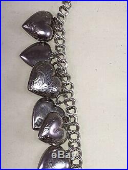 Vintage Puffy Heart Charm Necklace Sterling Silver 25 Charms Bracelet