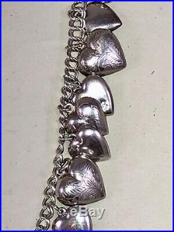 Vintage Puffy Heart Charm Necklace Sterling Silver 25 Charms Bracelet