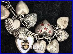 Vintage Puffy Heart Repousse Charm Bracelet Sterling Silver Walter Lampl Padlock