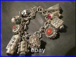 Vintage Rare Solid Silver Charm Bracelet & 10 Large Gemstone Charms, 58g