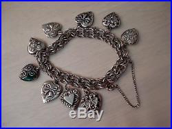 Vintage Rhythm Sterling Silver Charm Bracelet 9 Puffy Heart Charms 7 Inches Long