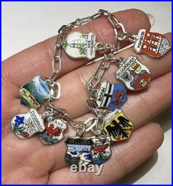 Vintage Silver 800 10 Dangle Enamel European City Shield Charm 6.5 Bracelet DA5