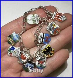 Vintage Silver 800 10 Dangle Enamel European City Shield Charm 6.5 Bracelet DA5