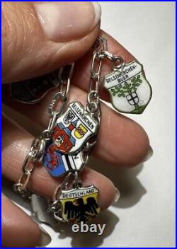 Vintage Silver 800 10 Dangle Enamel European City Shield Charm 6.5 Bracelet DA5