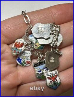 Vintage Silver 800 10 Dangle Enamel European City Shield Charm 6.5 Bracelet DA5