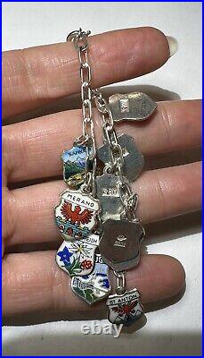 Vintage Silver 800 10 Dangle Enamel European City Shield Charm 6.5 Bracelet DA5