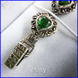 Vintage Silver Bracelet Heart Shaped Charm Green Stones and Marcasite Very Good