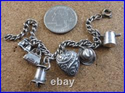Vintage Silver Charm Bracelet 6 Sterling Silver Charms Puffy Heart Purse #979 Vintage Silver Charm Bracelet 6 Sterling Silver Charms Puffy Heart Purse #979