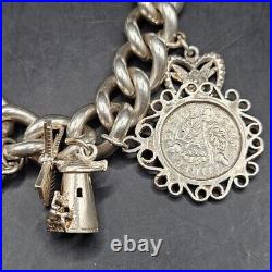 Vintage Silver Charm Bracelet 925 Round Curb Link 76.70g