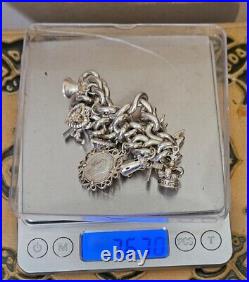 Vintage Silver Charm Bracelet 925 Round Curb Link 76.70g