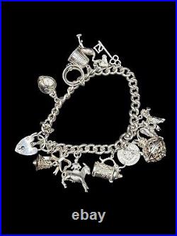 Vintage Silver Charm Bracelet Vintage 925 22cm Round Curb Link 73.80g