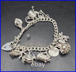 Vintage Silver Charm Bracelet Vintage 925 22cm Round Curb Link 73.80g