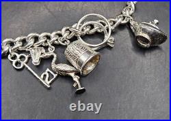 Vintage Silver Charm Bracelet Vintage 925 22cm Round Curb Link 73.80g