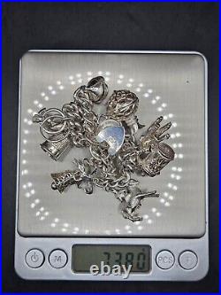 Vintage Silver Charm Bracelet Vintage 925 22cm Round Curb Link 73.80g