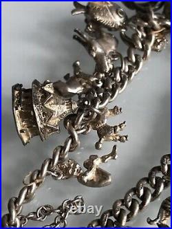 Vintage Silver Charm Bracelet With 12 Charms & 2 Place Shields