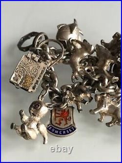 Vintage Silver Charm Bracelet With 12 Charms & 2 Place Shields