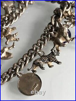 Vintage Silver Charm Bracelet With 12 Charms & 2 Place Shields
