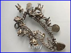 Vintage Silver Charm Bracelet With 12 Charms & 2 Place Shields