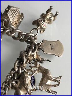 Vintage Silver Charm Bracelet With 12 Charms & 2 Place Shields