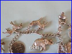 Vintage Silver Charm Bracelet with 15 charms bible swan pixie piano horse dog