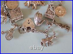 Vintage Silver Charm Bracelet with 15 charms bible swan pixie piano horse dog