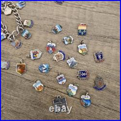 Vintage Silver Enamel Shield Bracelet, Heavy 175 Grams Over 100 Charms