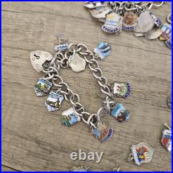 Vintage Silver Enamel Shield Bracelet, Heavy 175 Grams Over 100 Charms