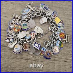 Vintage Silver Enamel Shield Bracelet, Heavy 175 Grams Over 100 Charms