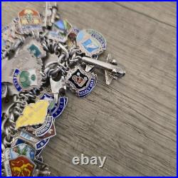 Vintage Silver Enamel Shield Bracelet, Heavy 175 Grams Over 100 Charms