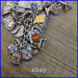 Vintage Silver Enamel Shield Bracelet, Heavy 175 Grams Over 100 Charms