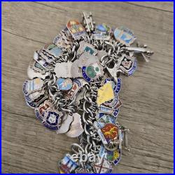 Vintage Silver Enamel Shield Bracelet, Heavy 175 Grams Over 100 Charms