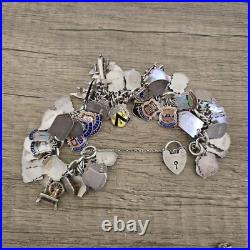 Vintage Silver Enamel Shield Bracelet, Heavy 175 Grams Over 100 Charms