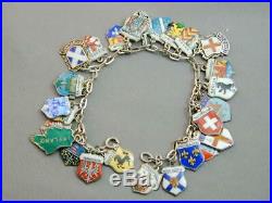 Vintage Silver Enamel Travel Shield Charm Bracelet 27 Charms Sterling 800 935 7