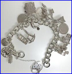 Vintage Silver Traditional 16 Charm Bracelet 67.6g 6 1/2 8.2mm 1976 Heart Clasp