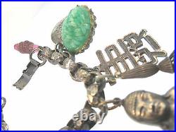 Vintage Silvertone Metal Chunky Buddha Chinese Asian Retro Dangle Charm Bracelet
