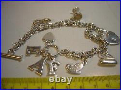 Vintage Solid Silver 9 Charm Bracelet & T-bar Lock-very Heavy- 7.5 Designer
