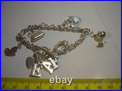 Vintage Solid Silver 9 Charm Bracelet & T-bar Lock-very Heavy- 7.5 Designer