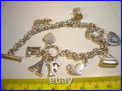 Vintage Solid Silver 9 Charm Bracelet with T-Bar Lock-Very Heavy, 7.5, Designer