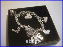 Vintage Solid Silver 9 Charm Bracelet with T-Bar Lock-Very Heavy, 7.5, Designer