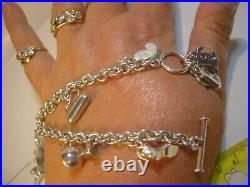 Vintage Solid Silver 9 Charm Bracelet with T-Bar Lock-Very Heavy, 7.5, Designer