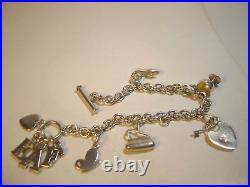 Vintage Solid Silver 9 Charm Bracelet with T-Bar Lock-Very Heavy, 7.5, Designer