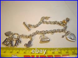 Vintage Solid Silver 9 Charm Bracelet with T-Bar Lock-Very Heavy, 7.5, Designer