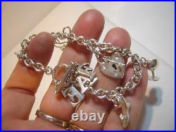 Vintage Solid Silver 9 Charm Bracelet with T-Bar Lock-Very Heavy, 7.5, Designer