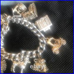 Vintage Solid Silver Charm Bracelet & 10 Different Charms Vgc