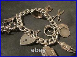 Vintage Solid Silver Charm Bracelet & 10 Silver Charms, Openers, Nuvo, 47g