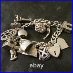 Vintage Solid Silver Charm Bracelet & 13 Charms Openers, Enamel, Travel, 45g GJLtd
