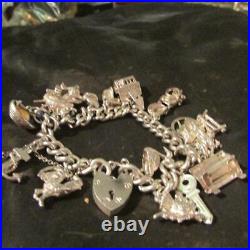 Vintage Solid Silver Charm Bracelet &15 Silver Charms, Openers, Enamel 53gBirm1963