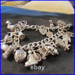 Vintage Solid Silver Charm Bracelet &27 Rare Silver Charms, Openers Chim, Nuvo, 98g