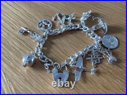 Vintage Solid Silver Charm Bracelet. Interesting Charms & Heart Padlock 46g