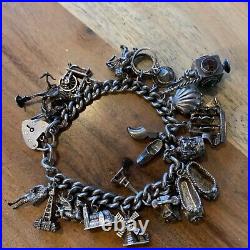 Vintage Solid Silver Charm Bracelet With 19 x Charms Inc Lighthouse, Typewriter